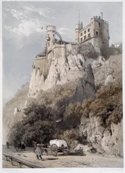 Chateau Rheinstein. "" Monumentaalinen ja viehättävä Rein"". Fourmaisin ja Stroobantin litografioita