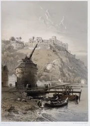 Chateau Saint Coar ja Rheinfelds. "" Monumentaalinen ja viehättävä Rein"". Fourmaisin ja Stroobantin litografioita