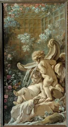 Olohuoneen ovipaneeli Demarteau: suihkulähde kahdella rakkaudella, joista toinen makaa. Francois Boucherin maalaus (1703-1770)