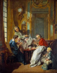 Lounaskohtaus porvarillisessa sisustuksessa. François Boucherin (1703-1770) maalaus 1739 su. 0,81x0,65 m
