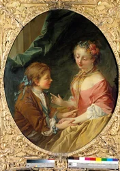Teetkö kolmesta asiasta yhden? Upea kohtaus. François Boucherin (1703-1770) maalaus. 1734 Yksityinen kokoelma