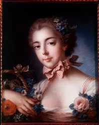 Nuoren naisen muotokuva nojaa kukkakoriin. Francois Boucherin pastellimaalaus (1703-1770)