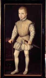 Muotokuva Henrik IV:stä Navarralaisesta (1553-1610), 4-vuotiaasta lapsesta hänen ollessaan Pariisissa vanhempiensa luona vuonna 1557, sitten Navarran prinssi, Francois Bunel II:n maalaus (noin 1552-ennen 1599). 1557. Dim. 1,25x0,64 m. Versailles, Versaille