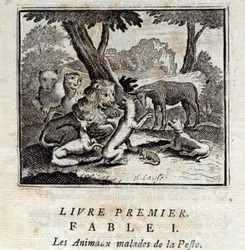 Ruttoon sairaat eläimet. Jean de La Fontainen (1621-95) sadut. Kuvitus: Francois Chauveau (1613-1676). Painos vuodelta 1728.