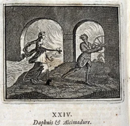 Daphnis ja Alcimadura. Jean de La Fontainen (1621-95) sadut. Kuvitus: François Chauveau (1613-1676). Painos vuodelta 1728.
