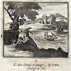 Aasin kuormia sieniä ja aasi kuormia suolaa. Jean de La Fontainen (1621-95) sadut. Kuvitus: François Chauveau (1613-1676). Painos vuodelta 1728.
