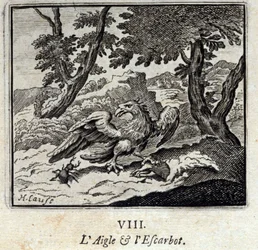 Kotka ja etana. Jean de La Fontainen (1621-95) sadut. Kuvitus: Francois Chauveau (1613-1676). Painos vuodelta 1728.