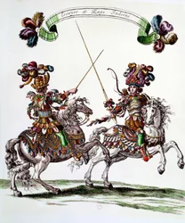 Intialainen Ecuyer ja sivu karusellin aikana, jonka kuningas Ludvig XIV (1638-1715) antoi vuonna 1662 Tuileries