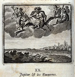Jupiter and the Thunners. Jean de La Fontainen (1621-95) tarinat. Kuvitus: François Chauveau (1613-1676). Painos vuodelta 1728.
