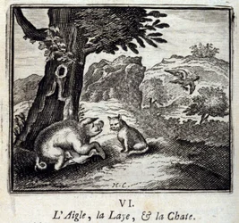 Kotka, emakko ja naaraskissa. Jean de La Fontainen (1621-95) faabeleita. François Chauveaun (1613-1676) kuvitus. Vuoden 1728 painos.