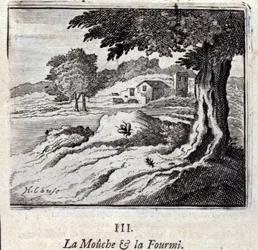 Jean de La Fontainen (1621-95) The Fly and the Ant. Kuvitus: Francois Chauveau (1613-1676). Painos vuodelta 1728.