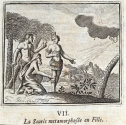La Souris muuttui tytöksi. Jean de La Fontainen (1621-95) tarinat. Kuvitus: François Chauveau (1613-1676). Painos vuodelta 1728.