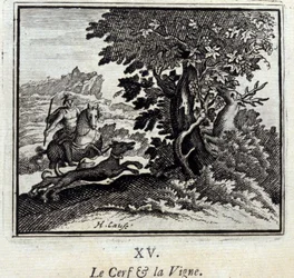 Hirvi ja viiniköynnös. Jean de La Fontainen (1621-95) tarinoita. Kuvitus: François Chauveau (1613-1676). Painos vuodelta 1728.