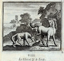 Hevonen ja susi. Jean de La Fontainen (1621-95) tarinoita. Kuvitus: François Chauveau (1613-1676). Painos vuodelta 1728.