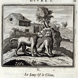Susi ja koira. Jean de La Fontainen (1621-95) tarinoita. Kuvitus: Francois Chauveau (1613-1676). Painos vuodelta 1728.