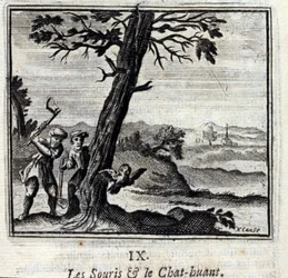 Jean de La Fontainen (1621-95) The Mice and the Huant Cat. Fables. Kuvitus: Francois Chauveau (1613-1676). Painos vuodelta 1728.