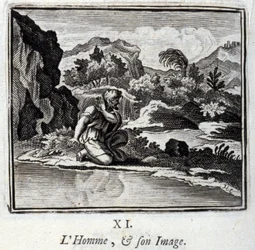 Mies ja hänen kuvansa. Jean de La Fontainen (1621-95) sadut. Kuvitus: Francois Chauveau (1613-1676). Painos vuodelta 1728.