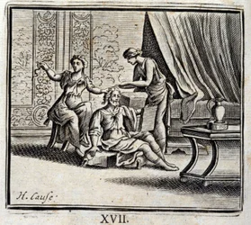 Kahden ikäinen mies ja hänen kaksi rakastajattartaan. Jean de La Fontainen (1621-95) sadut. Kuvitus: Francois Chauveau (1613-1676). Painos vuodelta 1728.