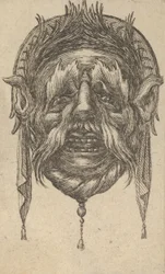 Naamio, jossa pitkät kulmakarvat ja viikset sekä päähine roikkuvalla kankaalla, Dive..., ca. 1635-45.