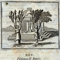Philemon ja Baucis. Jean de La Fontainen (1621-95) sadut. Kuvitus: François Chauveau (1613-1676). Painos vuodelta 1728.
