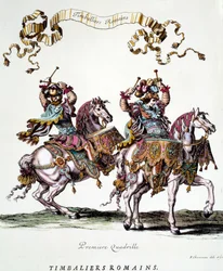 Roomalaiset sämpylät kuningas Ludvig XIV:n (1638-1715) vuonna 1662 antaman karusellin aikana. Kaiverrus Francois Chauveau (1613-1676) 1600-luvun yksityinen kokoelma