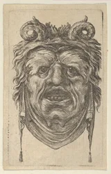 Satyr-naamio käpristyneillä sarvilla, lehtikulmilla ja leuan alla roikkuvalla kankaalla, n. 1635-45.