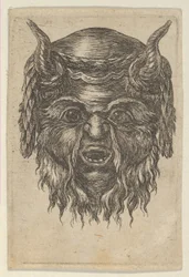 Satyr Mask, jonka sarvien päälle on levitetty laakeriseppele, Divers Masquesilta, n. 1635-45.