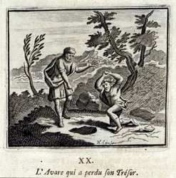 Avare, joka menetti tresorinsa. Jean de La Fontainen (1621-95) tarinat. Kuvitus: François Chauveau (1613-1676). Painos vuodelta 1728.