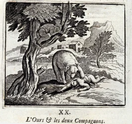 Karhu ja kaksi seuralaista. Jean de La Fontainen (1621-95) sadut. Kuvitus: François Chauveau (1613-1676). Painos vuodelta 1728.