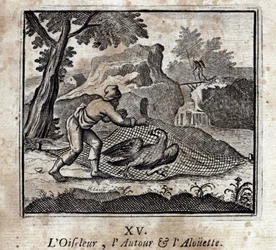 Lintulintu ympärillä ja Alouette. Jean de La Fontainen (1621-95) sadut. Kuvitus: François Chauveau (1613-1676). Painos vuodelta 1728.