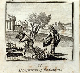 Burner ja hänen Compere. Jean de La Fontainen (1621-95) sadut. Kuvitus: Francois Chauveau (1613-1676). Painos vuodelta 1728.