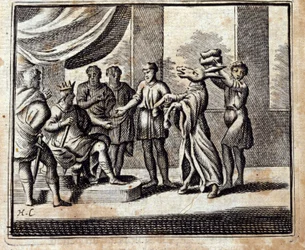 Charlatan. Jean de La Fontainen (1621-95) sadut. Kuvitus: François Chauveau (1613-1676). Painos vuodelta 1728.