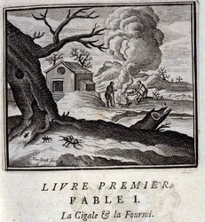 Kaskas ja muurahainen. Jean de La Fontainen (1621-95) faabeleita. François Chauveaun (1613-1676) kuvitus. Vuoden 1728 painos.
