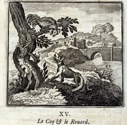 Coq ja Fox. Jean de La Fontainen (1621-95) sadut. Kuvitus: Francois Chauveau (1613-1676). Painos vuodelta 1728.