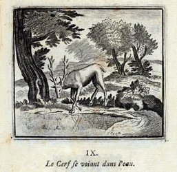 Hirvi näkee itsensä vedessä. Jean de La Fontainen (1621-95) sadut. Kuvitus: François Chauveau (1613-1676). Painos vuodelta 1728.
