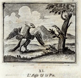 Kotka ja Pius. Jean de La Fontainen (1621-95) sadut. Kuvitus: François Chauveau (1613-1676). Painos vuodelta 1728.