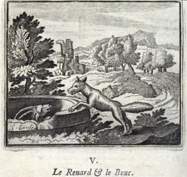Jean de La Fontainen (1621-95) The Fox and the Bouc.Fables. Kuvitus: François Chauveau (1613-1676). Painos vuodelta 1728.