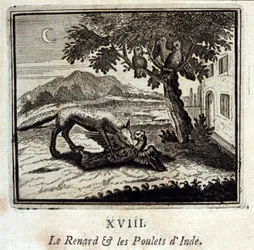 Kettu ja Intian kanat. Jean de La Fontainen (1621-95) sadut. Kuvitus: François Chauveau (1613-1676). Painos vuodelta 1728.