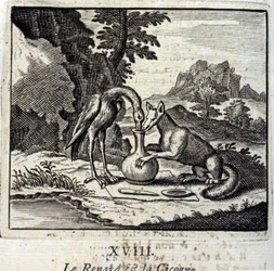 Kettu ja haikara. Jean de La Fontainen (1621-95) tarinoita. Kuvitus: Francois Chauveau (1613-1676). Painos vuodelta 1728.