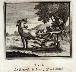 Kettu, susi ja hevonen. Jean de La Fontainen (1621-95) sadut. Kuvitus: François Chauveau (1613-1676). Painos vuodelta 1728.