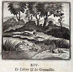 Lievre ja sammakot. Jean de La Fontainen (1621-95) sadut. Kuvitus: François Chauveau (1613-1676). Painos vuodelta 1728.