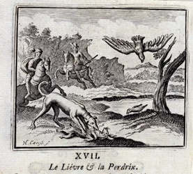 Lievre ja Pardrix.Jean de La Fontainen (1621-95) sadut. Kuvitus: François Chauveau (1613-1676). Painos vuodelta 1728.