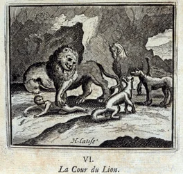 Leijonatuomioistuin. Jean de La Fontainen (1621-95) sadut. Kuvitus: François Chauveau (1613-1676). Painos vuodelta 1728.