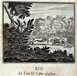 Leijonan ja aasin metsästys. Jean de La Fontainen (1621-95) sadut. Kuvitus: François Chauveau (1613-1676). Painos vuodelta 1728.