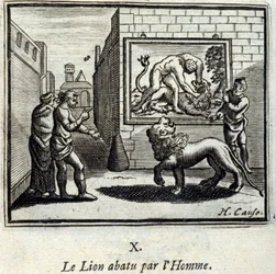 Mies ampui leijonan alas. Jean de La Fontainen (1621-95) sadut. Kuvitus: François Chauveau (1613-1676). Painos vuodelta 1728.