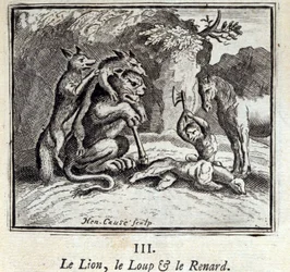 Leijona, susi ja kettu. Jean de La Fontainen (1621-95) sadut. Kuvitus: François Chauveau (1613-1676). Painos vuodelta 1728.
