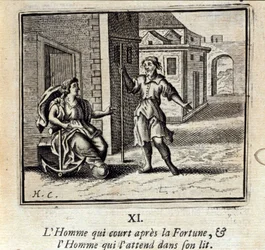 Mies, joka juoksee Fortunan perässä, ja mies, joka odottaa häntä sängyssä. Jean de La Fontainen (1621-95) sadut. Kuvitus: François Chauveau (1613-1676). Painos vuodelta 1728.