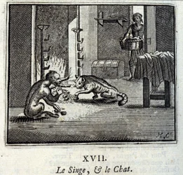 Apina ja kissa. Jean de La Fontainen (1621-95) sadut. Kuvitus: Francois Chauveau (1613-1676). Painos vuodelta 1728.