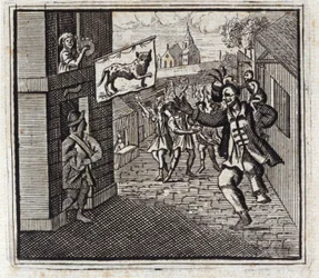 Apina ja leopardi. Jean de La Fontainen (1621-95) sadut. Kuvitus: Francois Chauveau (1613-1676). Painos vuodelta 1728.