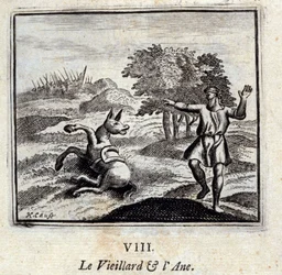 Vanha mies ja aasi. Jean de La Fontainen (1621-95) sadut. Kuvitus: François Chauveau (1613-1676). Painos vuodelta 1728.